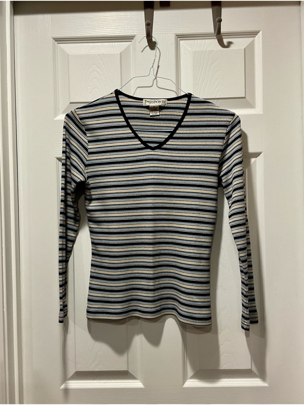 Passport Striped Ribbed V-Neck Long Sleeve Top in Black, White & Blue shirt tee